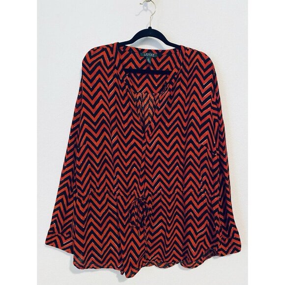 Ralph Lauren Top Womens 3X Red Black Chevron Print Drawstring Waist Pockets Boho - Picture 1 of 7